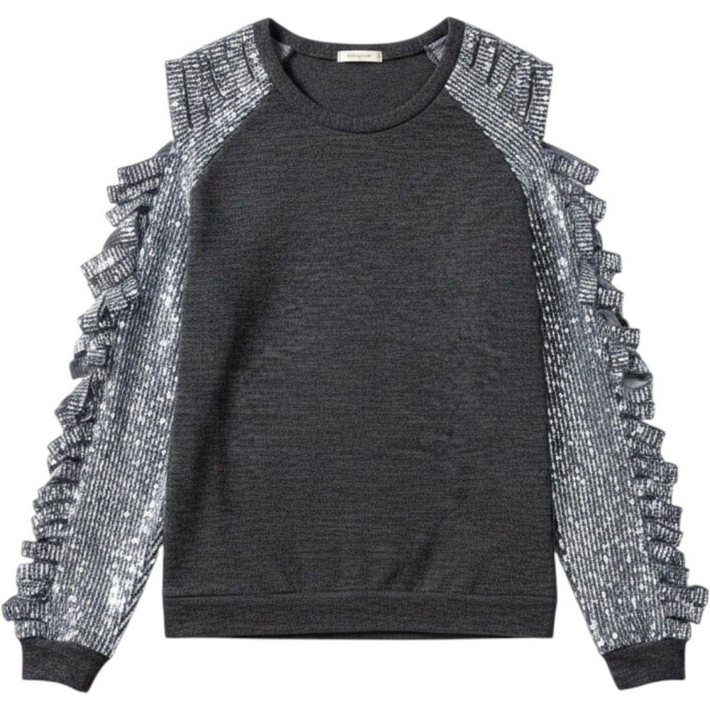 12PM by Mon Ami Sweater Women M Gray Sequin Ruffle Cold Shoulder Glam Rock Alt